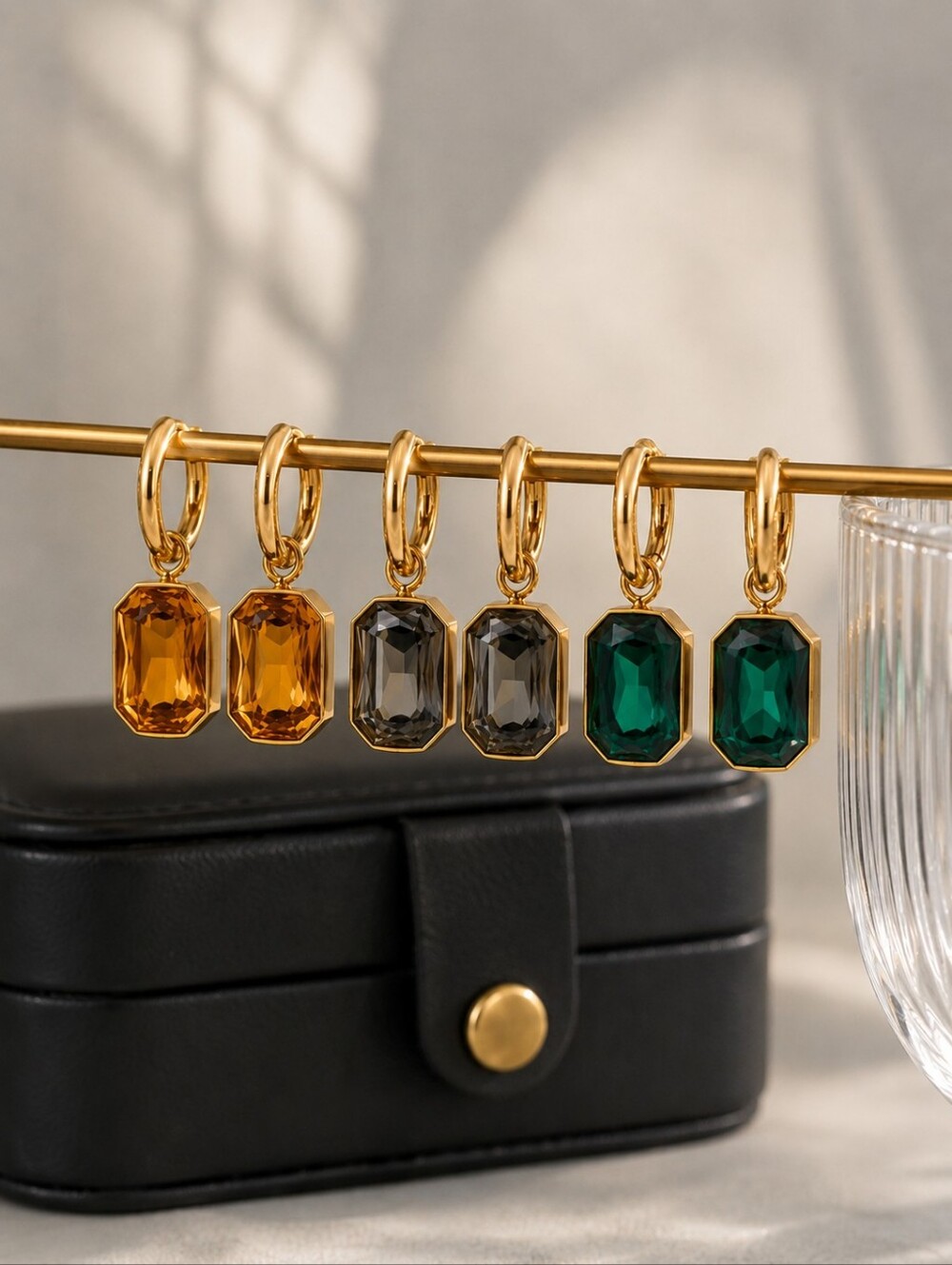Gold Hoops with Amber Gem Drop - Picture 8 of 9